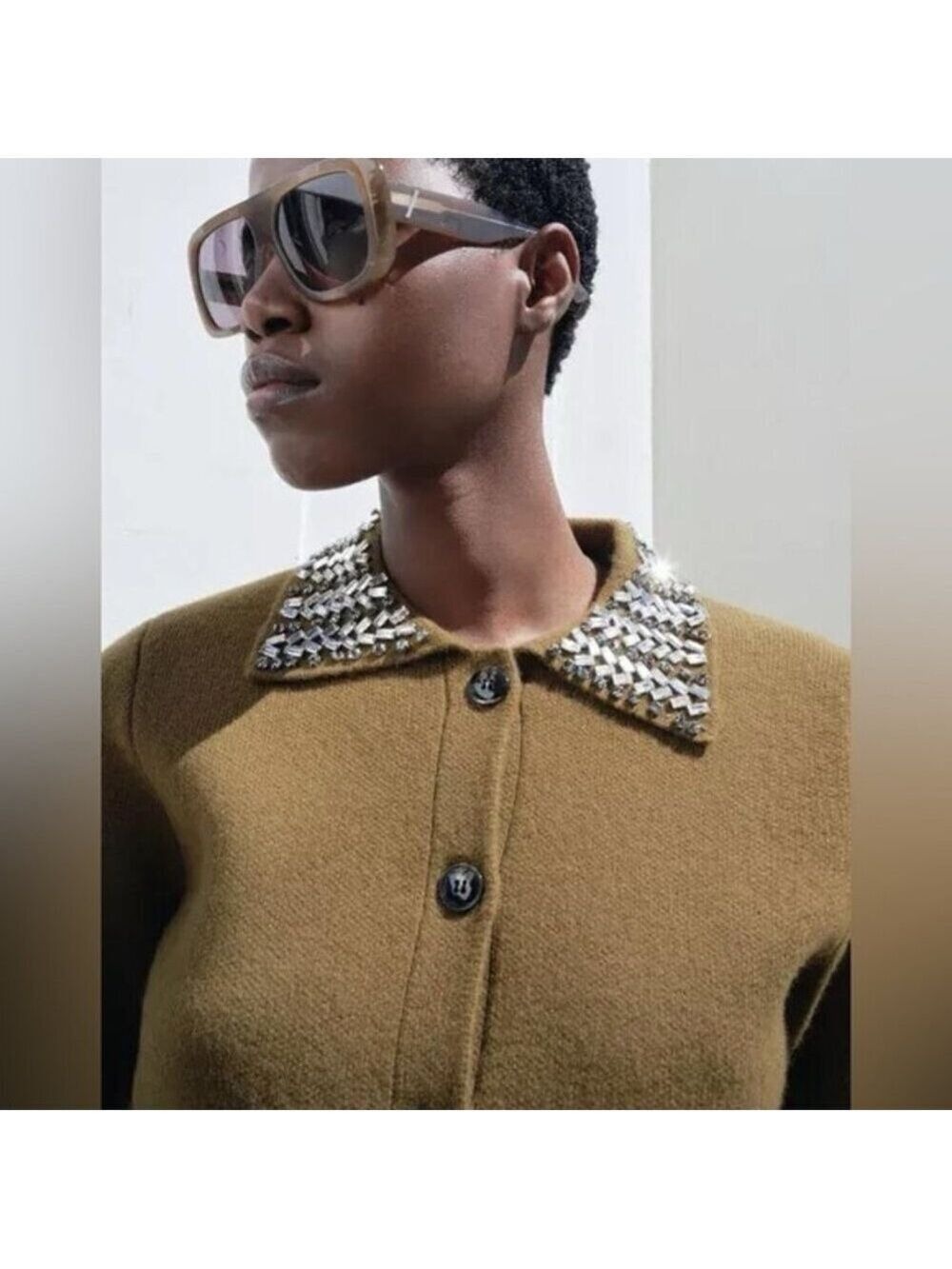 Zara ZW Collection 100% Wool Jewel Collar Cardigan Size XL - Picture 3 of 15